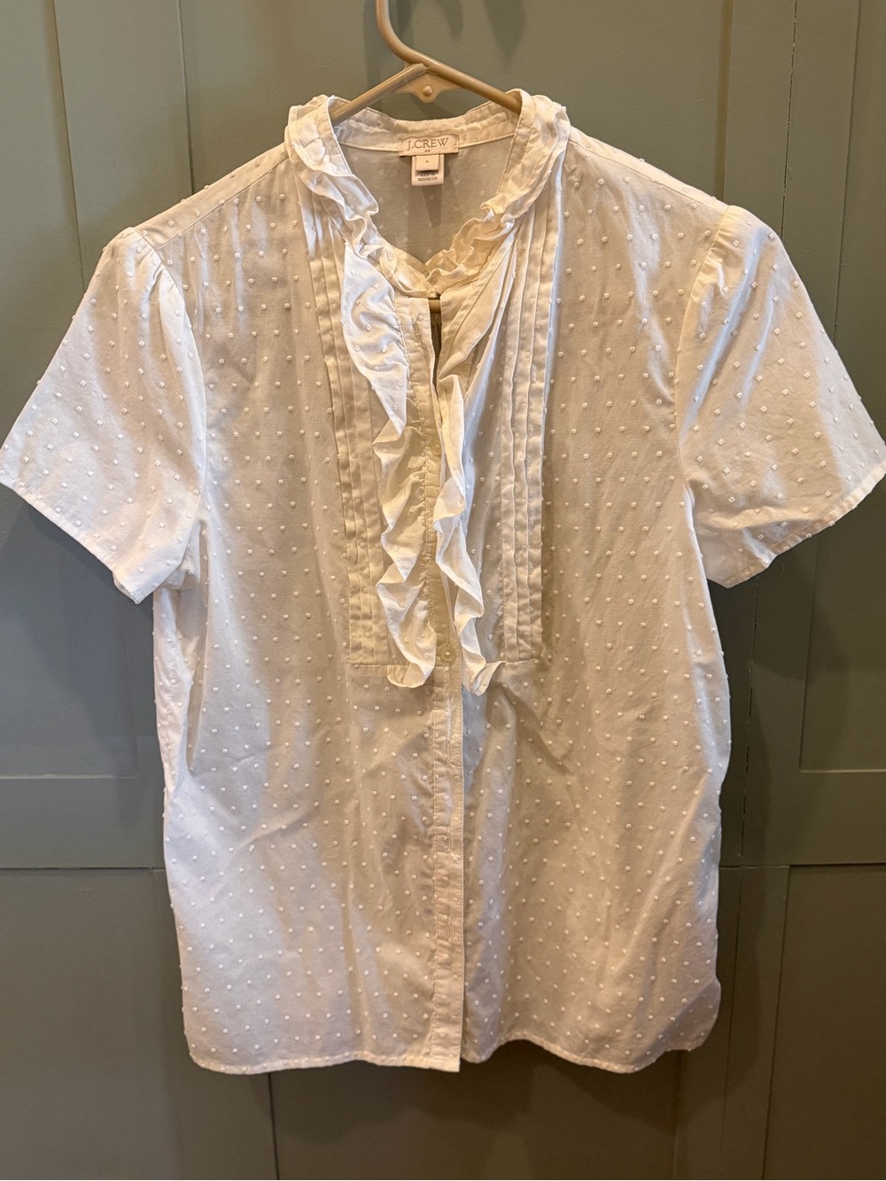 J. Crew White Ruffle Front Dot-Texture Short Sleeve Shirt